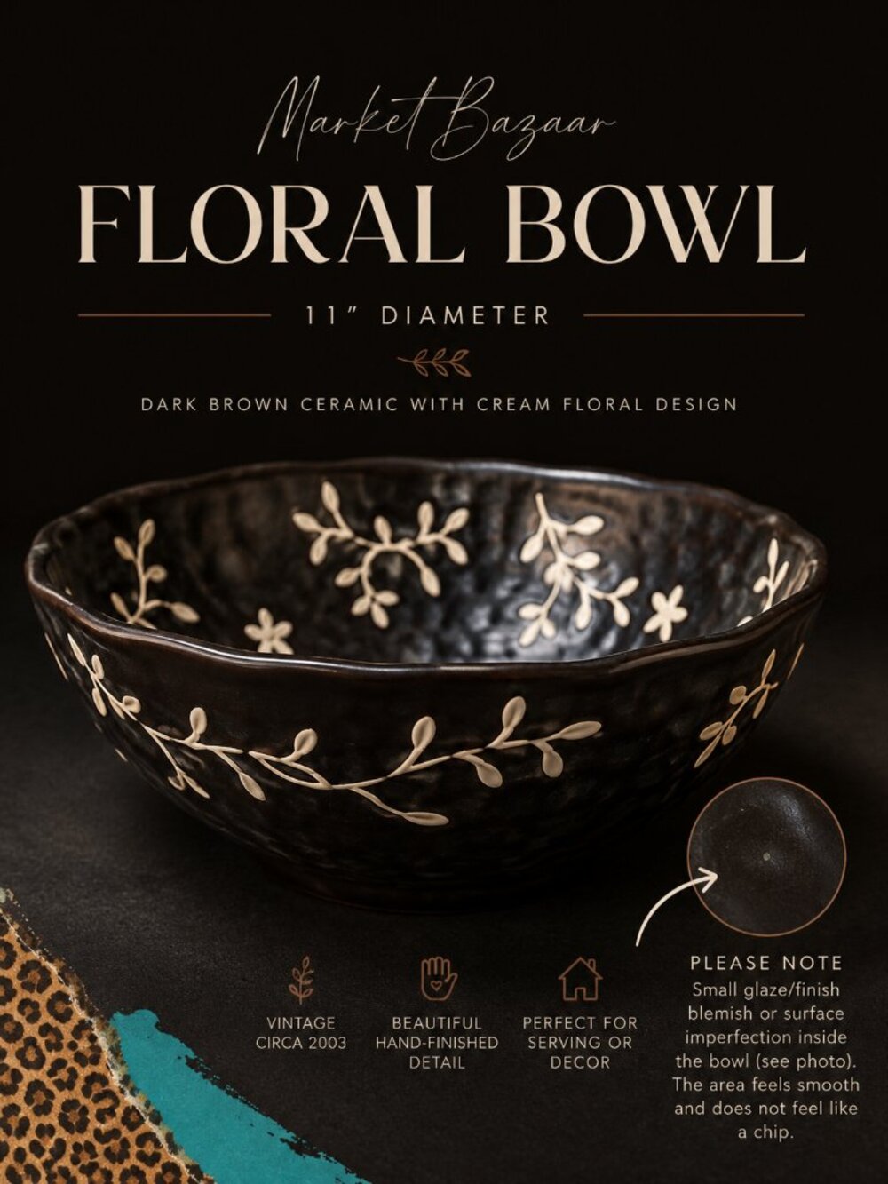 Vintage Target Market Bazaar Dark Brown Cream Floral Ceramic Bowl 11"